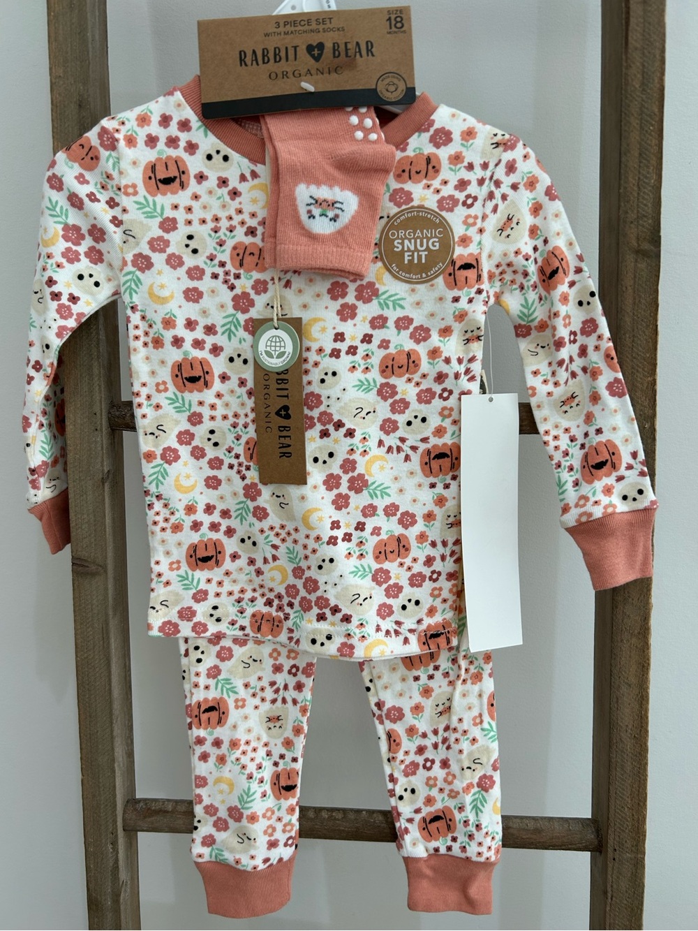 Rabbit + Bear Organic Cotton Pumpkin Floral Pajama Set Girl Size 18 Month Comfy